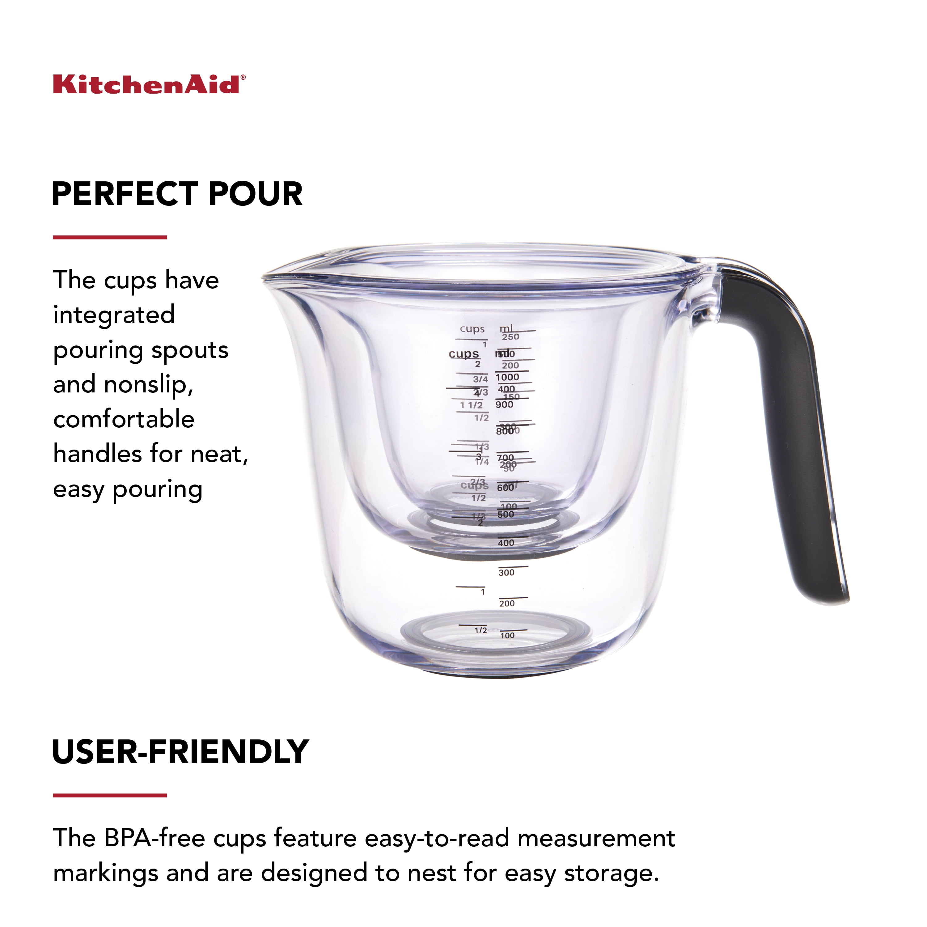 KitchenAid Measuring Cup Set (250 ml + 500 ml + 1 Liter) Core Plastic