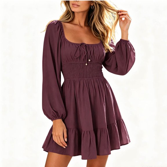 Enjoytime Mini Dresses for Women Puff Long Sleeve Square Neck Ruffle Dress A Line Flowy Casual Party Dresses