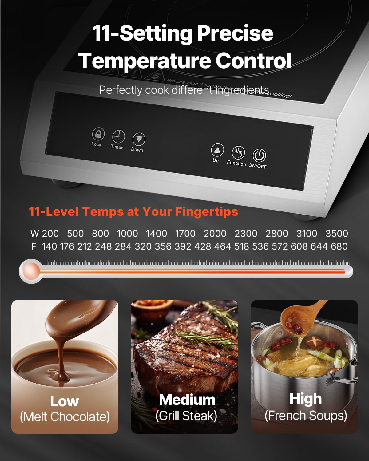 VEVOR Portable Induction Cooktop, 3500W Commercial Induction Burner with 11 Temperature Settings, Stainless Steel Countertop Induction Hot Plate with 3H Timer, Child Lock, for Restaurant Cooking