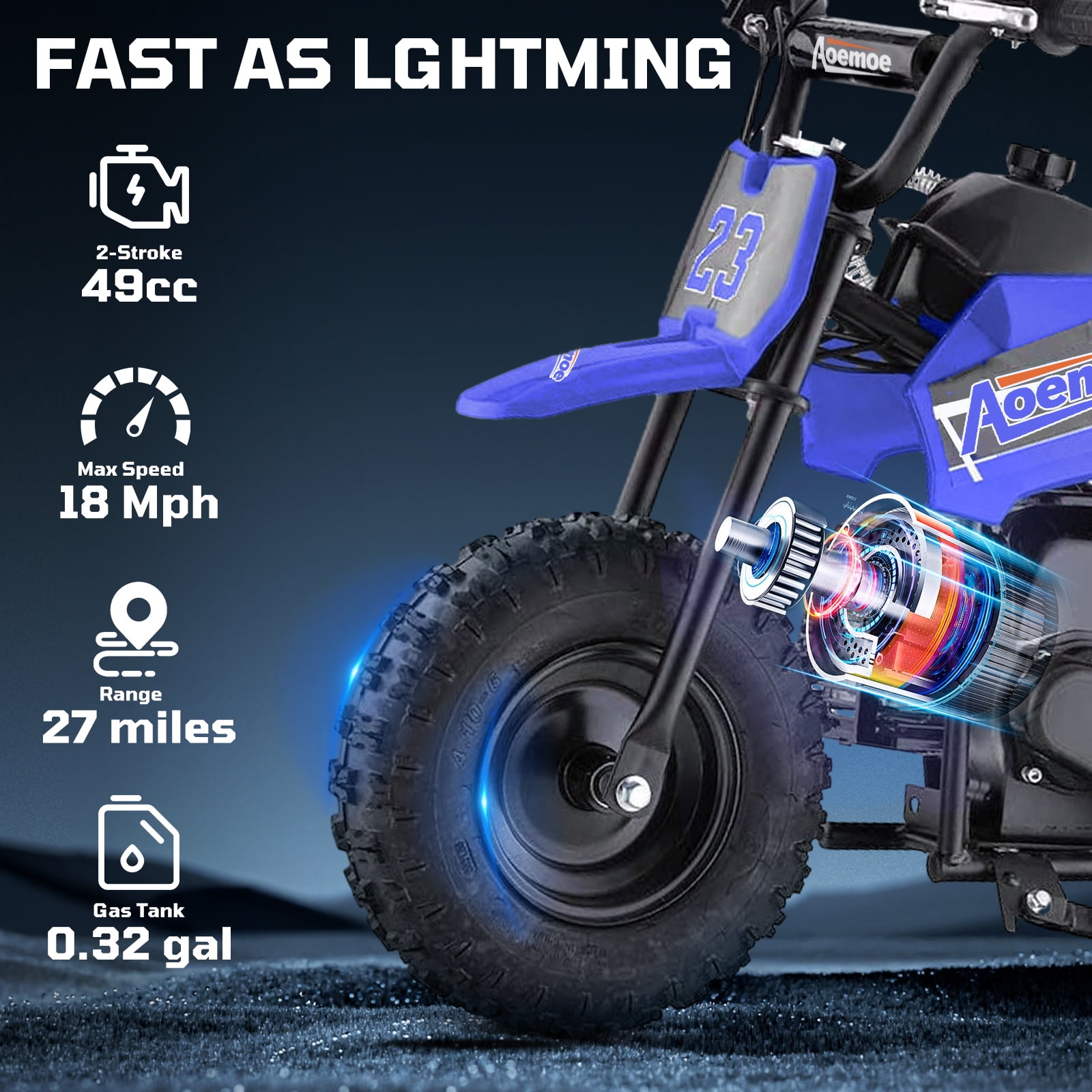 Aoemoe 49cc Kids Dirt Bike Gas Powered, Mini Off-Road Motorcycle with Suspension & Disc Brakes, 18 Mph, 160 Lbs Capacity, Blue
