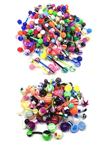 BodyJ4You 100PC Belly Ring Tongue Bioflex Flexible Barbell Bar 14G Acrylic Assorted Mix Body Jewelry