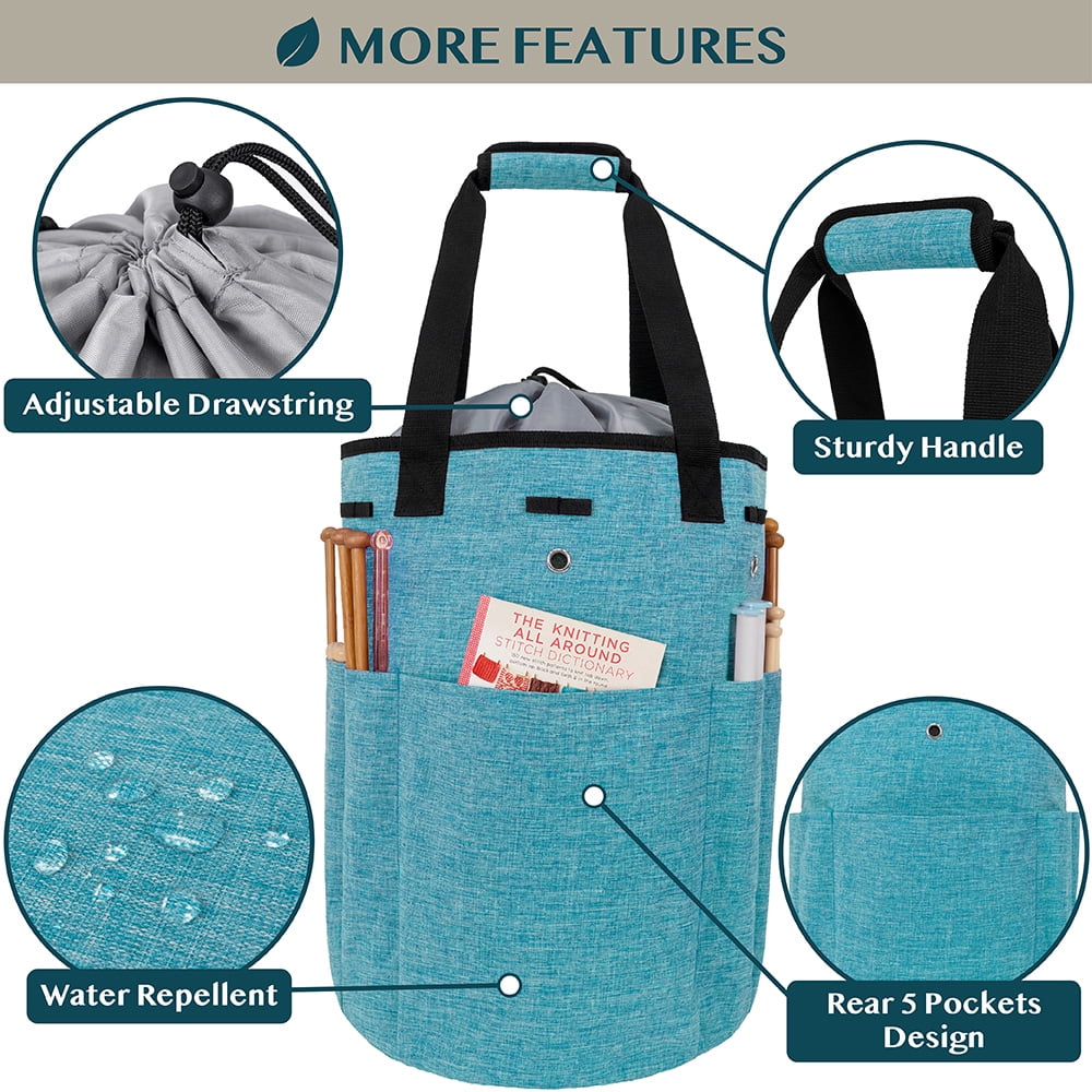 PAVILIA Knitting Bag Crochet Organizer Bag, Yarn Storage Tote, Knitting Accessories Supplies, Yarn Holder For Knitting With Grommets, Needles Hooks Essentials, Crochet Project Case (Turquoise Blue)
