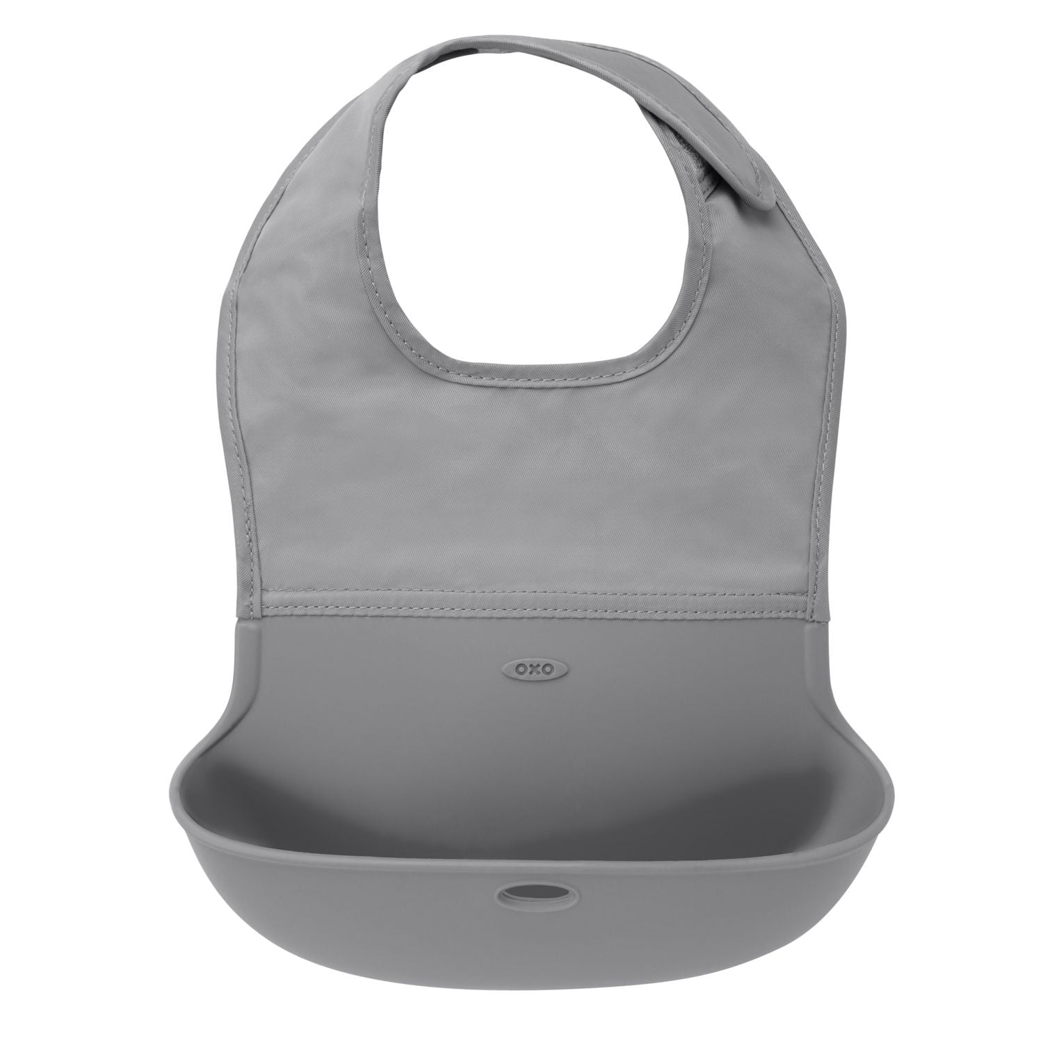 OXO Tot - Roll-Up Bib - Comfortable Soft Waterproof Lightweight Silicone Baby Bib and Toddler - Fabric Rolls Up into Pocket for Travel and Storage - Gray