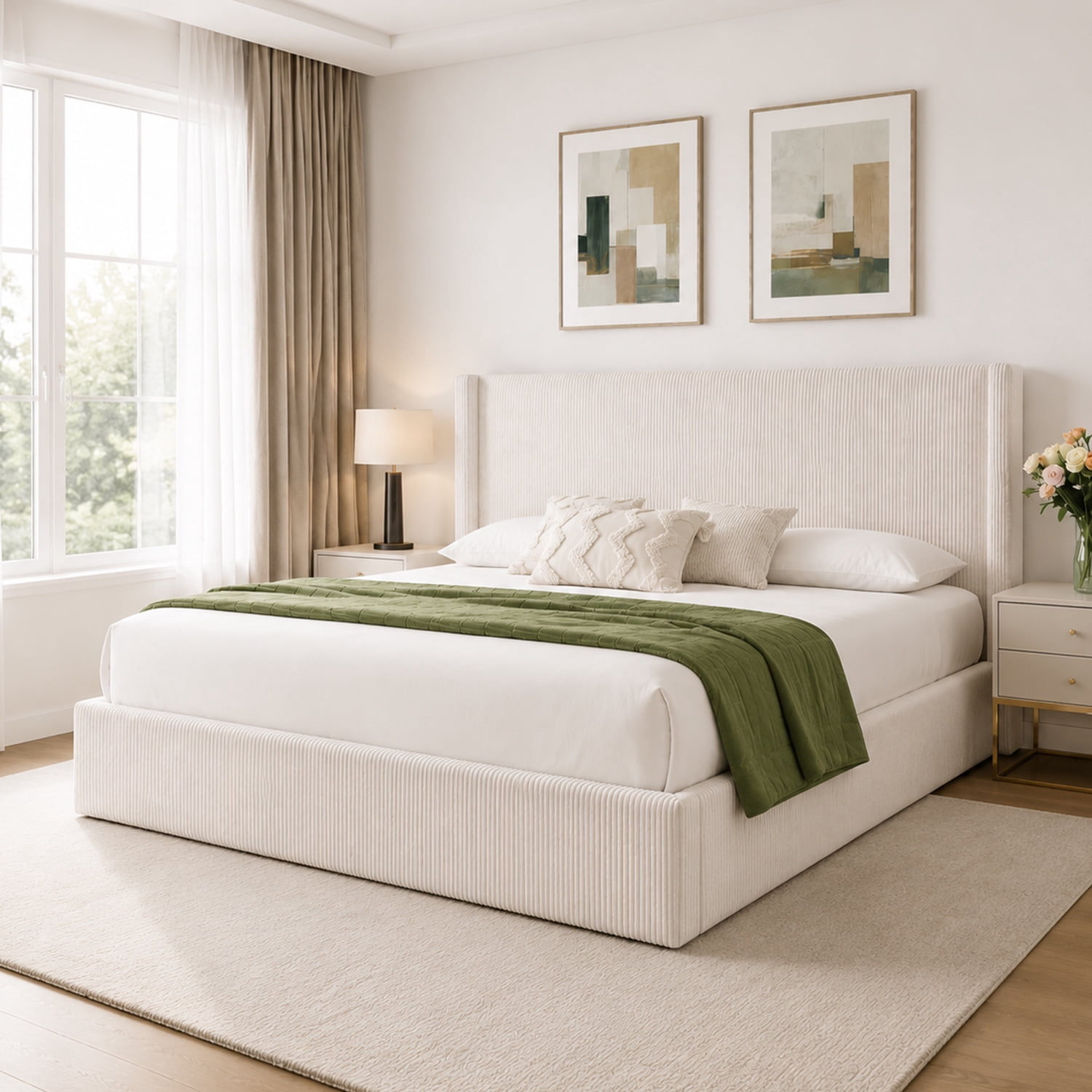 King Size Bed Frame with Lift Up Storage, Corduroy Upholstered Platform Bed with Wingback Headboard, No Box Spring Needed, Hydraulic Storage, White