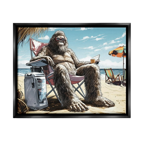Stupell Industries Hairy Monster on Beach Fairy Tales & Fantasy Painting Black Floater Framed Canvas Art Print Wall Art, 21 x 17