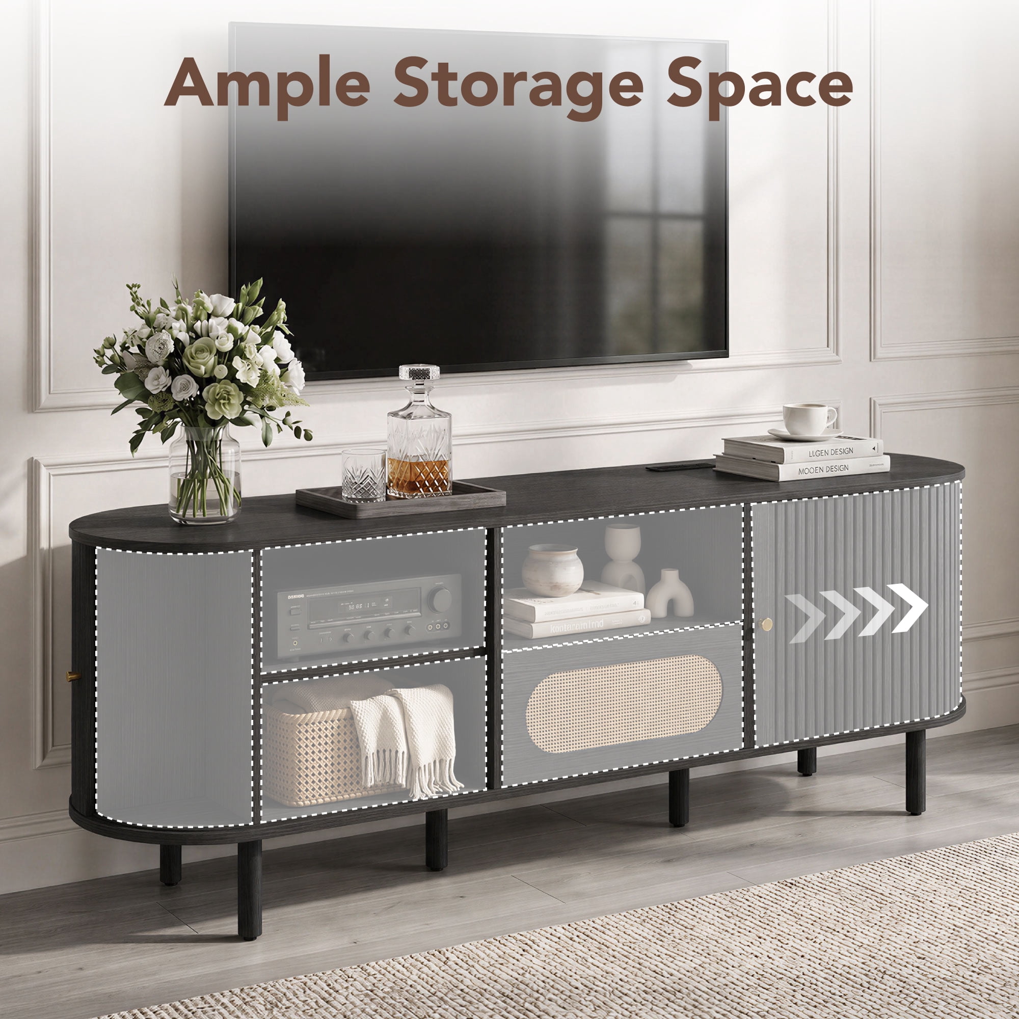 Spruce & Spring Tambour TV Stand with Power Outlet, Mid-Century Modern Entertainment Center, Rattan Drawer & Fluted Sliding Doors, Solid Wood Legs & Cable Management, Black, for TVs up to 80 Inch