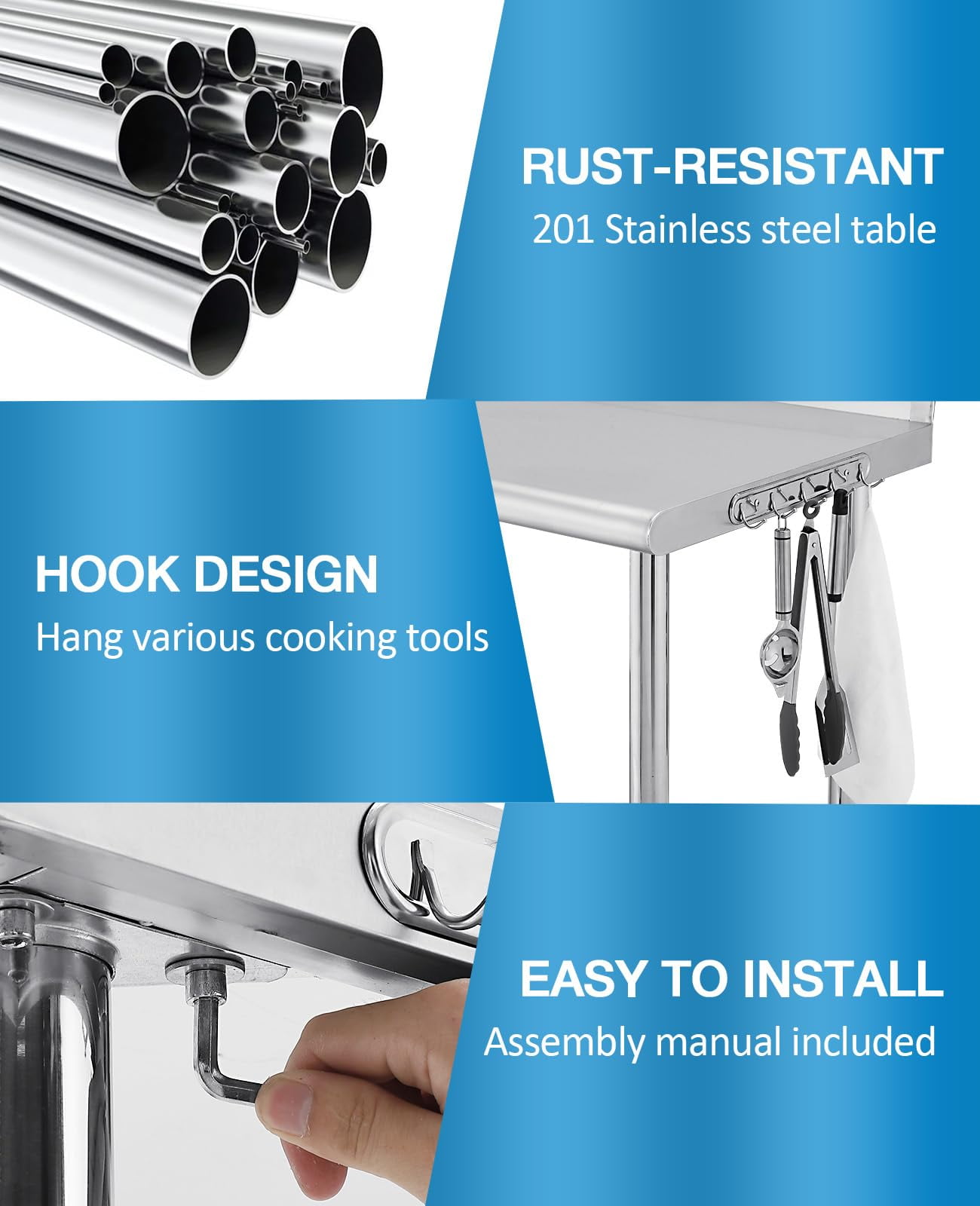 Danolapsi Stainless Steel Table 60" x 24",Kitchen Prep Table,NSF Stainless Steel Metal with Backsplash,Adjustable Undershelf,5 Hooks,Heavy Duty Workbench Workstation Work Table for Restaurant and Home