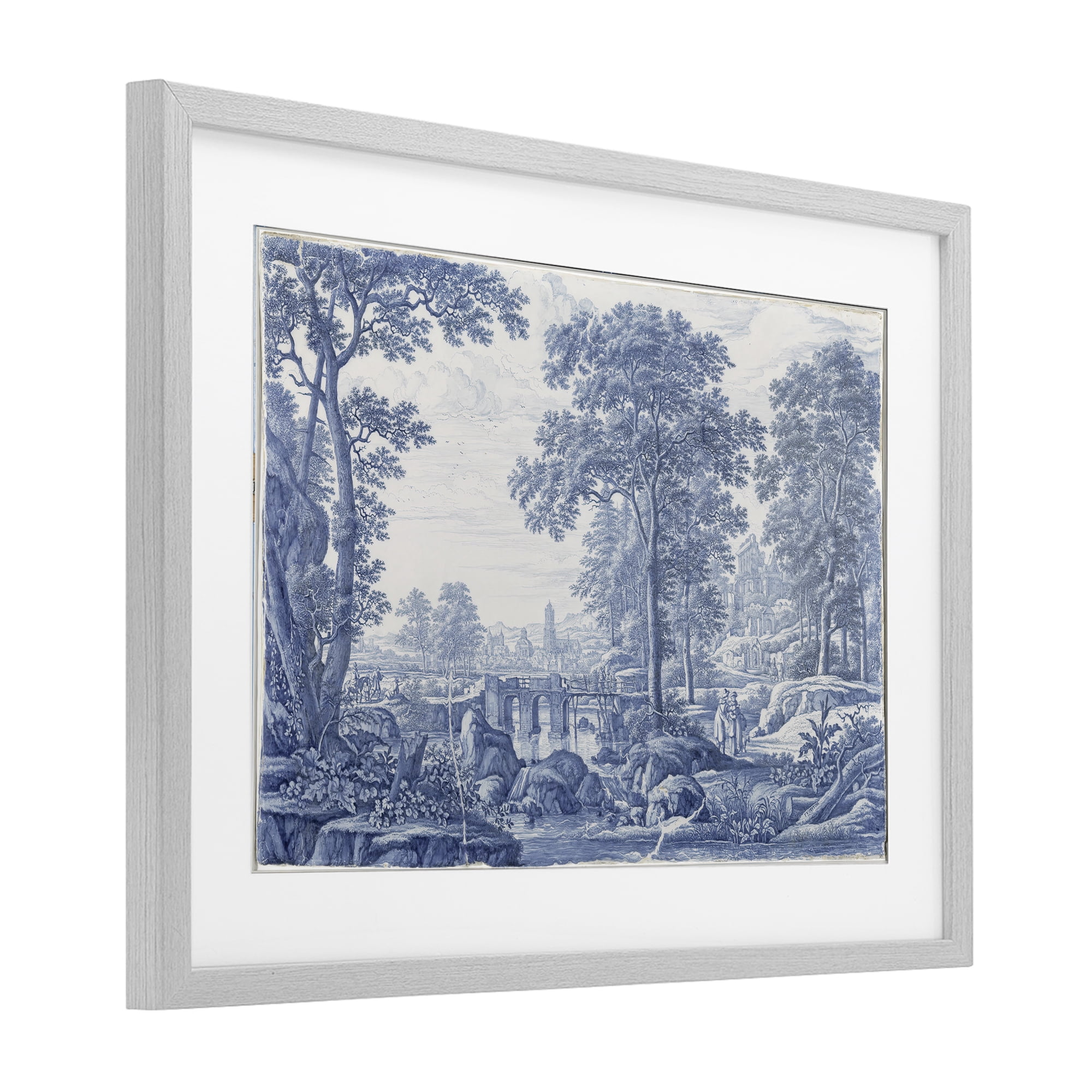 Vintage Blue Tinted Toile Gray Framed Print Under Glass, design by Vintage Hustle