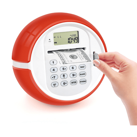 ATM Piggy Bank with Password, Coin Recognition, Bill Feeder for Kids/Adults Durable Plastic in Red
