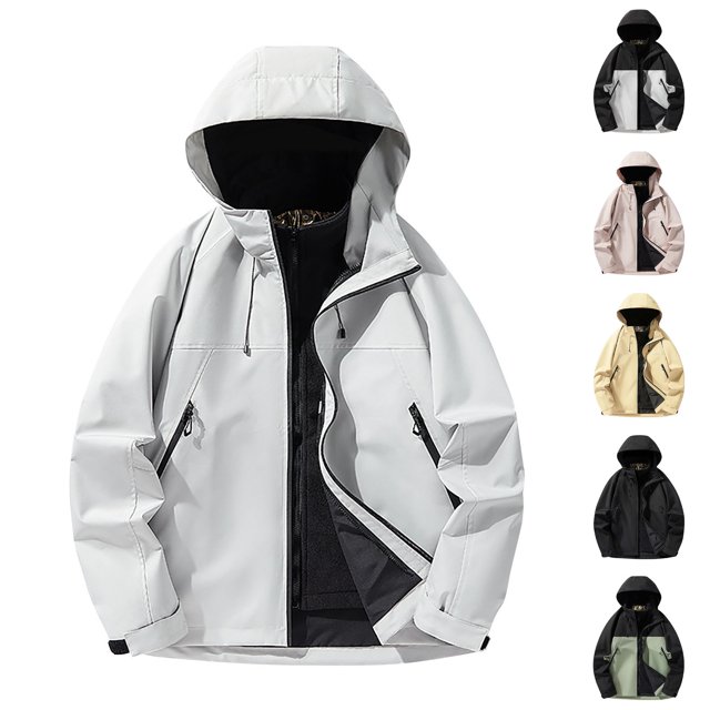 Sentmoon Ski Jacket Men Waterproof Solid Color Long Sleeve Drawstring Hooded Neck Mens Coats Plus Size Zipper Windbreaker Mens Fall Clothing with Pockets Winter Streetwear for Walking and Daily