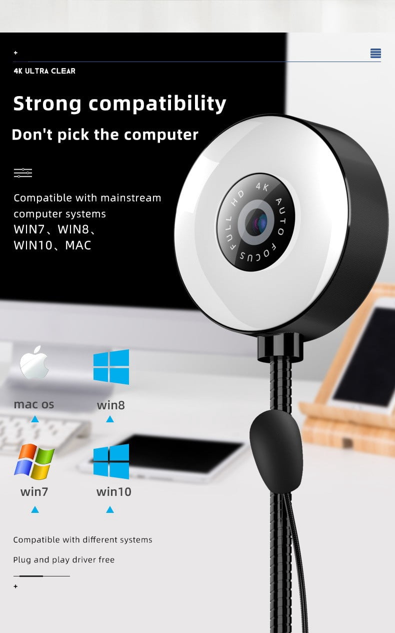 2K Webcam with LED Fill Light, Live Streaming Camera for Video Chat & Conference