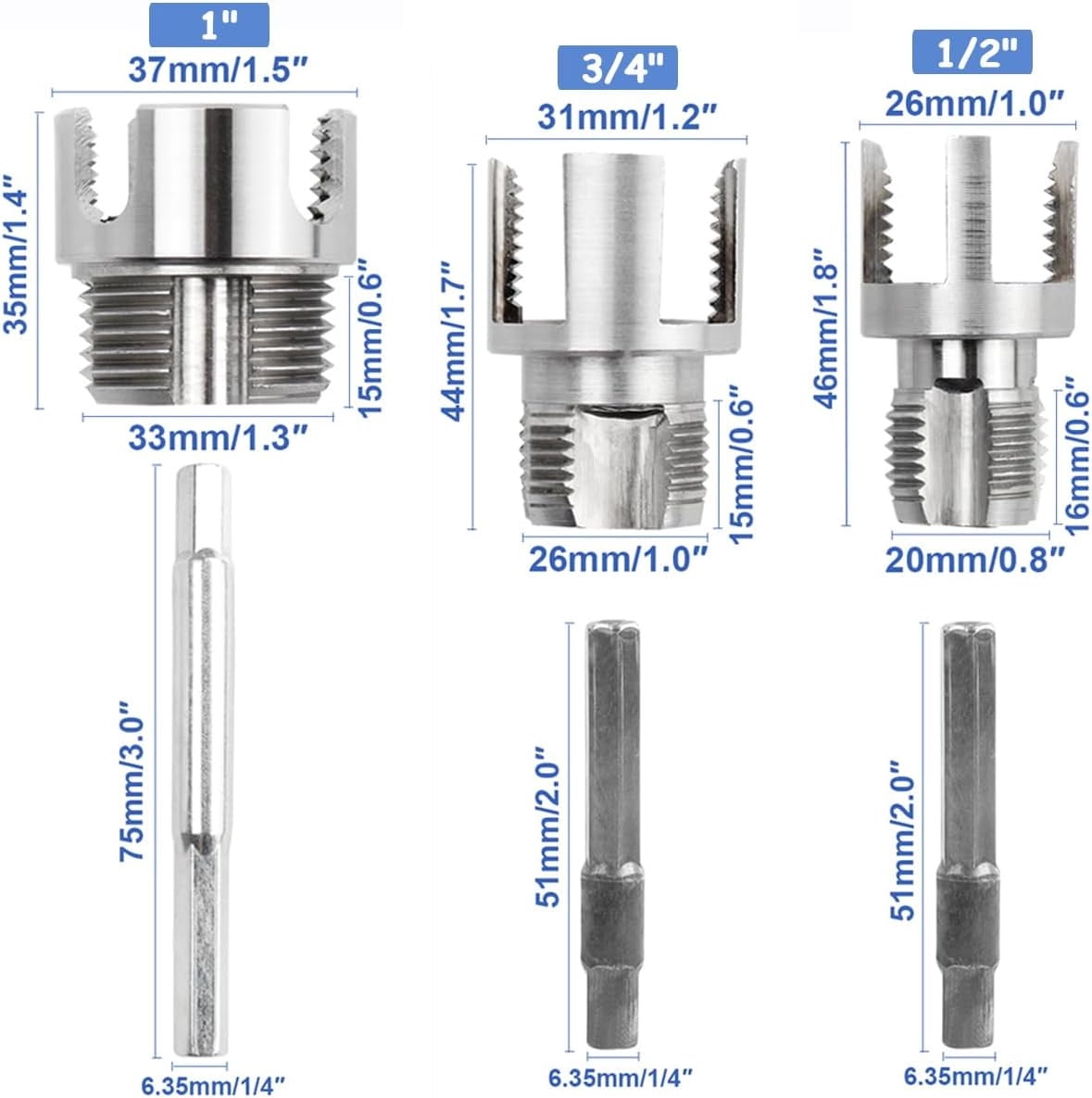Pipe Threader Kit, 1/2 3/4 1 Inch Internal External Pipe Threader Drill Attachment, Carbon Steel Threading Tool Set for PVC Pipes, Professional Plumbing Tool Kit