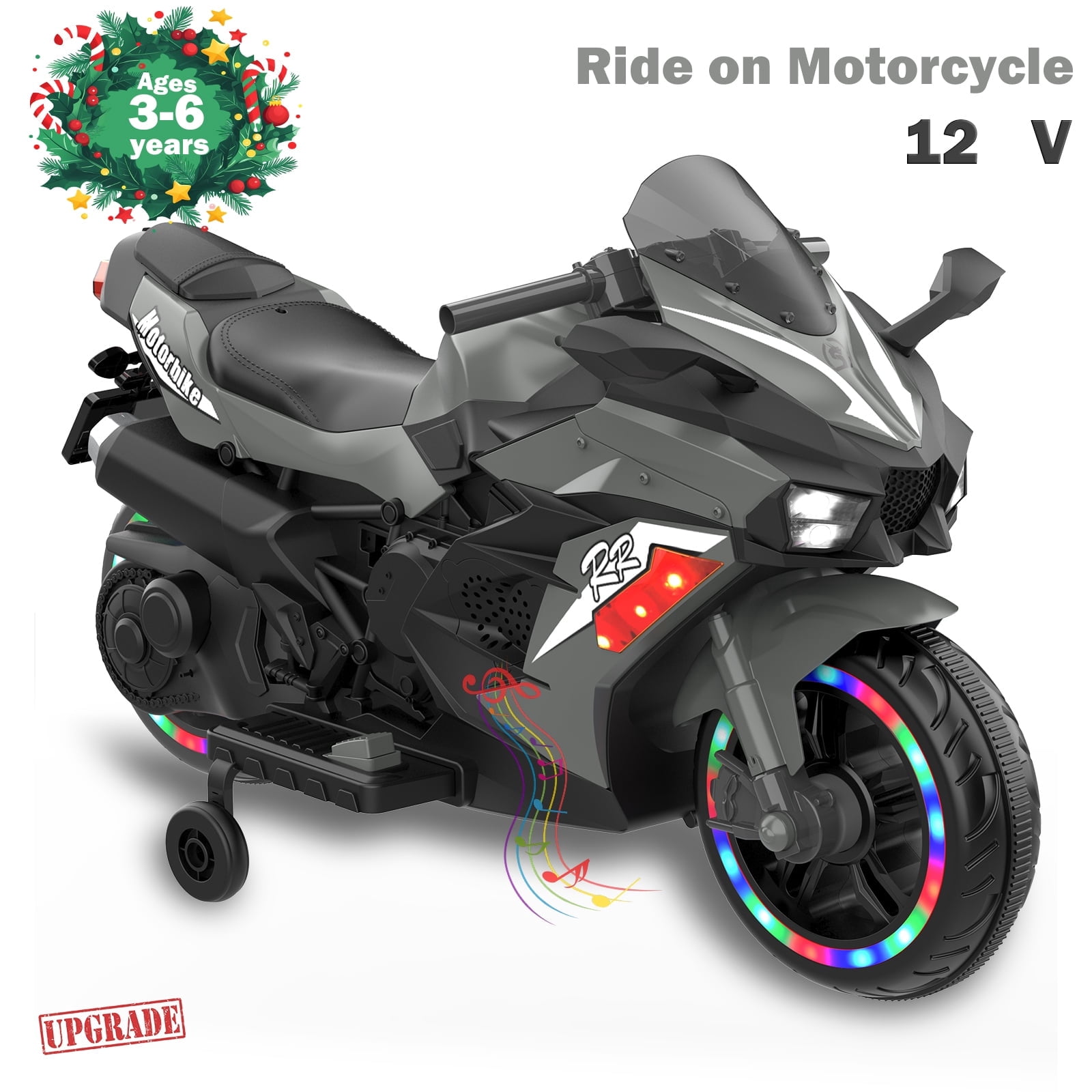 TaTee 12V Kids Electric Motorcycle, Battery Powered Ride-On Toy with Training Wheels for Boys & Girls Ages 3-6, Bluetooth Music & LED Lights, Gray