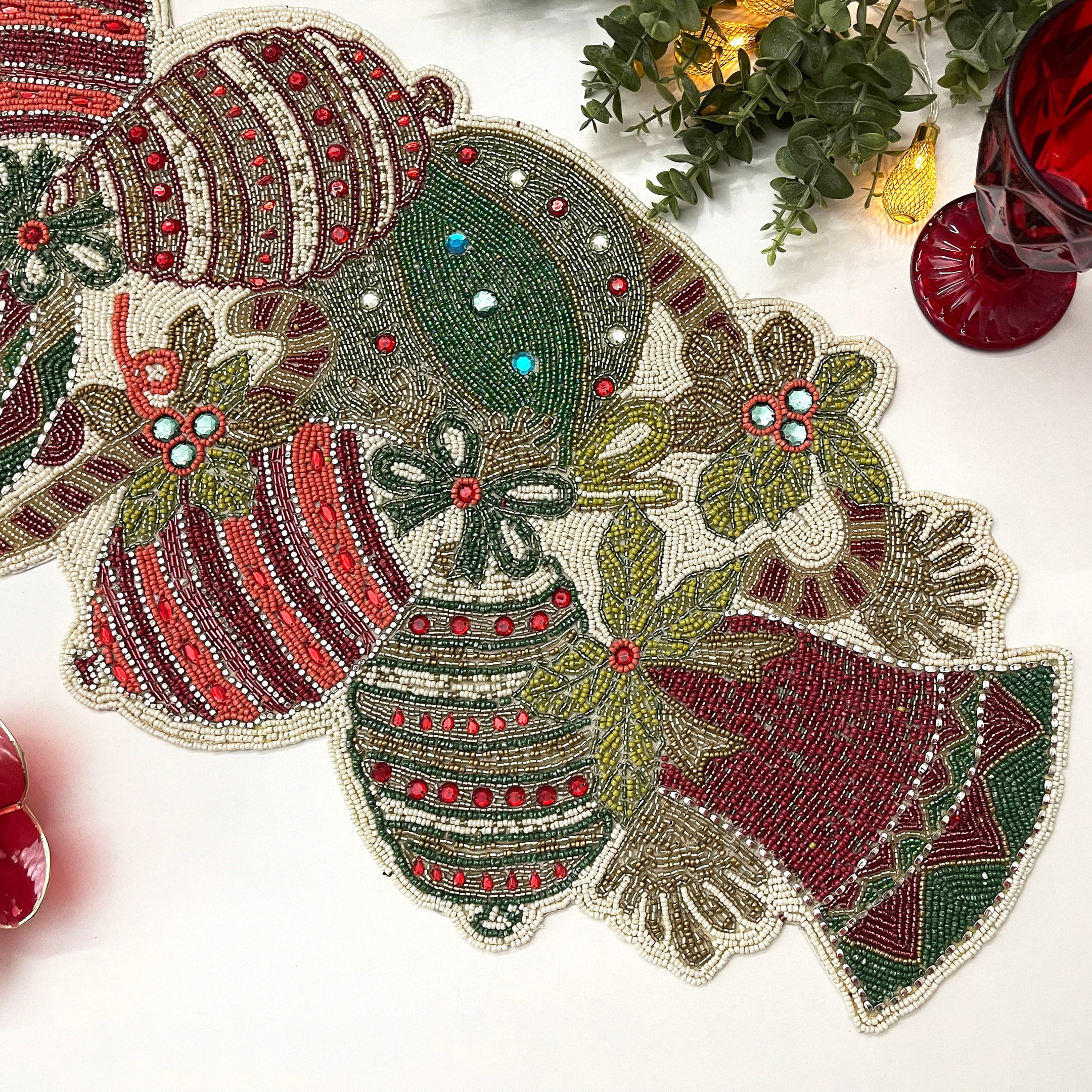 Handmade Christmas table runner, beaded runner, centerpiece multi colour, 13x36inch
