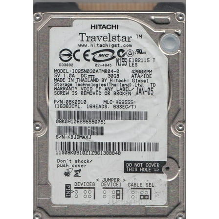 IC25N030ATMR04-0, PN 08K0910, MLC H69555, Hitachi 30GB IDE 2.5 Hard Drive
