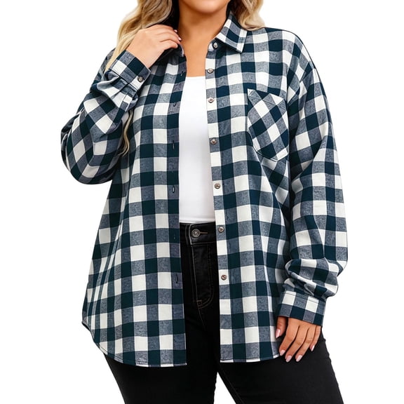 Horkkom Cotton Button Down Shirts for Women Loose Long Sleeve Plaid Print Flannel Shirts Casual Fall Lapel Tops with Pockets XXL