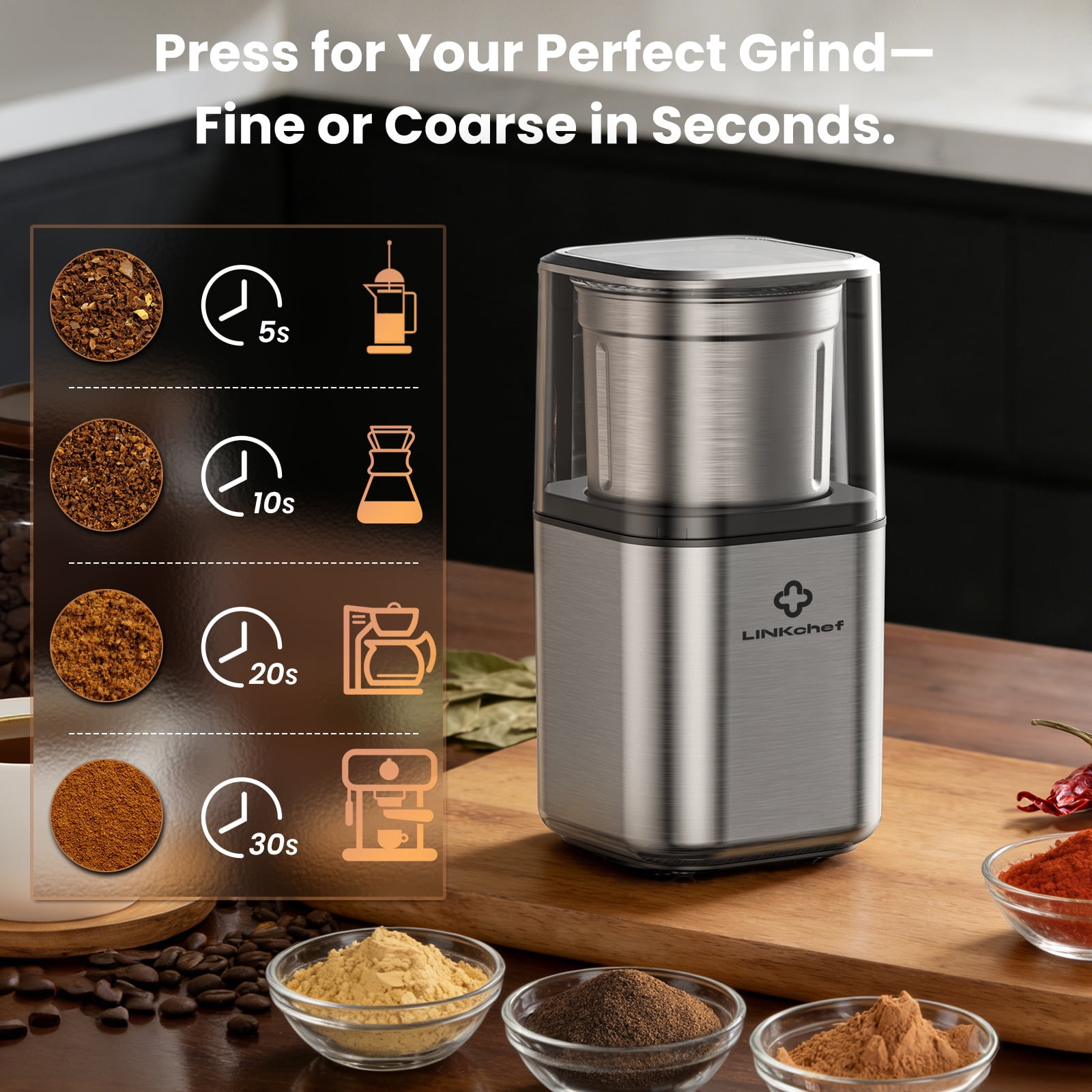 LINKChef Coffee Grinder, Spice Grinder with 4 Blades for Coffee Beans, Spice, Tea - New (Silver)