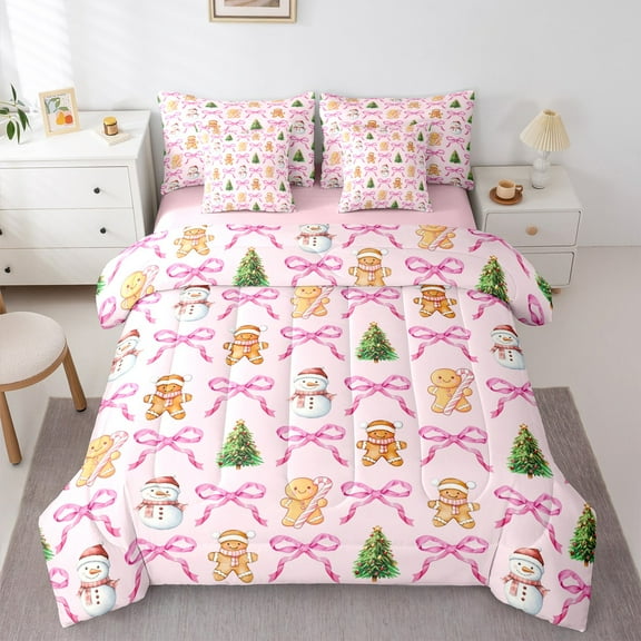 Manfei Pink Bowknot Bowtie Twin Bedding Sets 7-Piece,Cartoon Xmas Snowmen Bedding Comforter Set,Christmas Gingerbread Man Sheet Sets For Child,Super Cozy Room Decor Reversible
