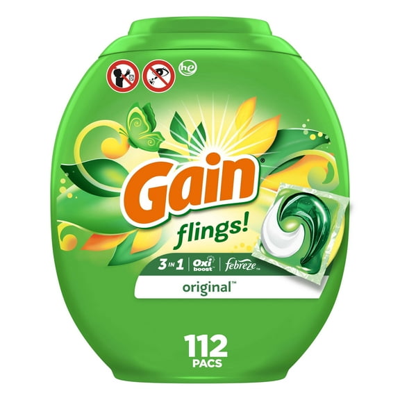 Gain Flings 3-in-1 Oxi Boost and Febreze Laundry Detergent Pacs, Original Scent, 112 Count