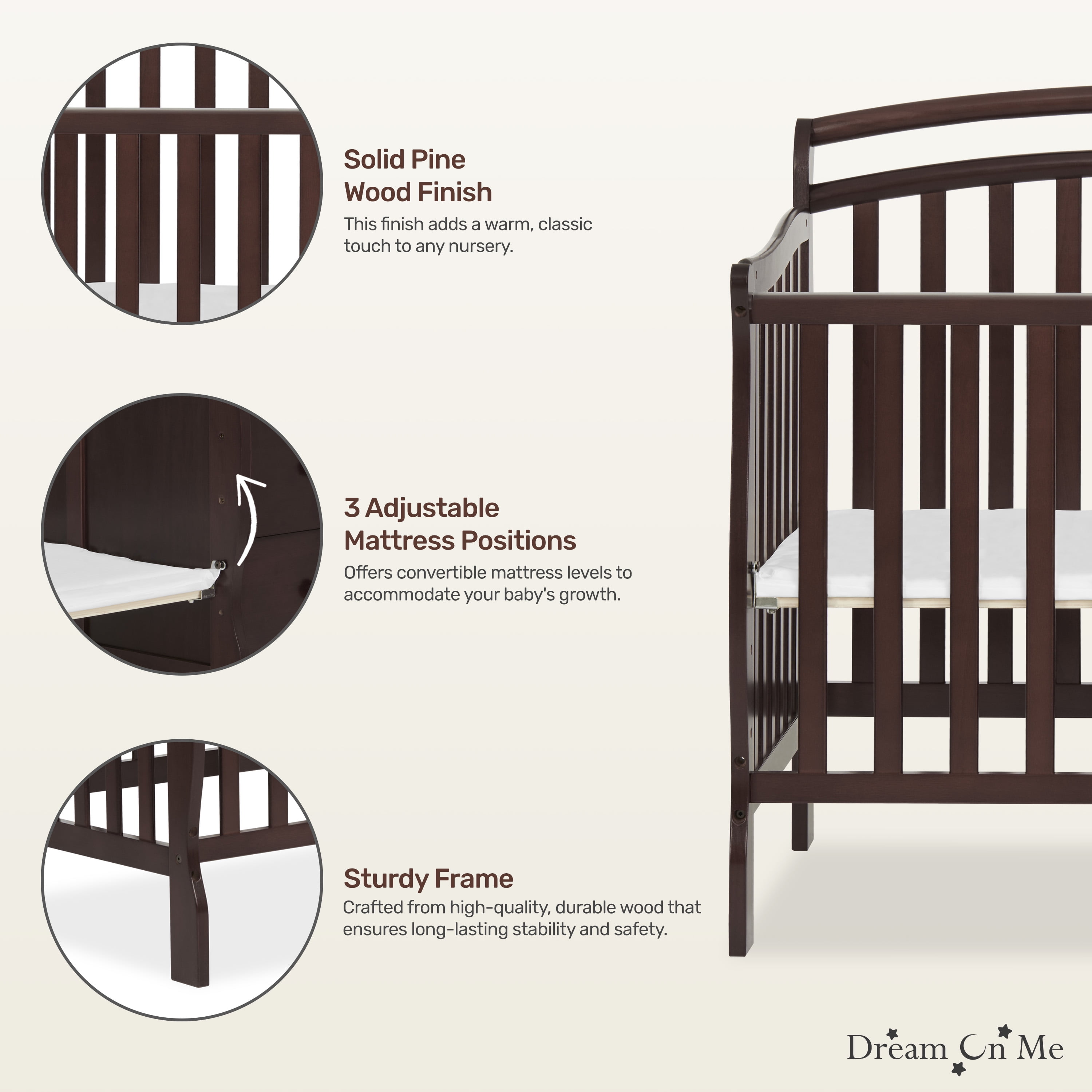 Dream On Me Casco 4-in-1 Mini Crib and Dressing Table, Espresso
