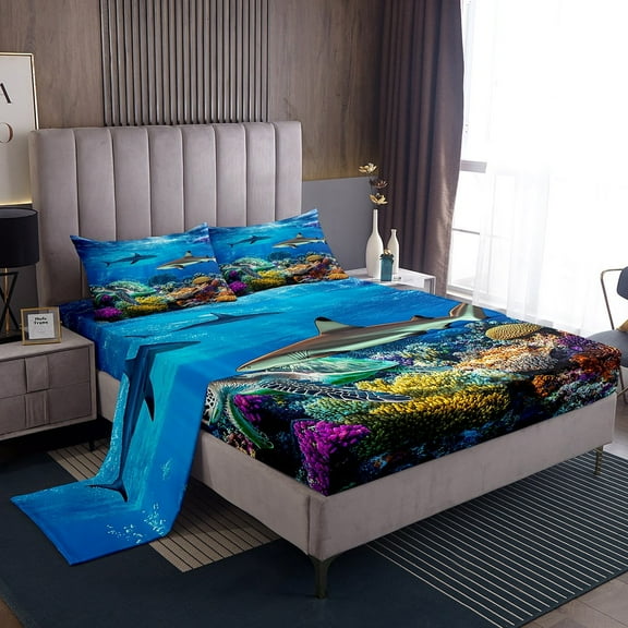 Erosebridal Sea Turtle Shark Sheet Set Twin,Underwater World Bedding Sets Twin Size,Marine Animal Twin Sheet Sets,Ultra Soft Ocean Decorative,3pcs