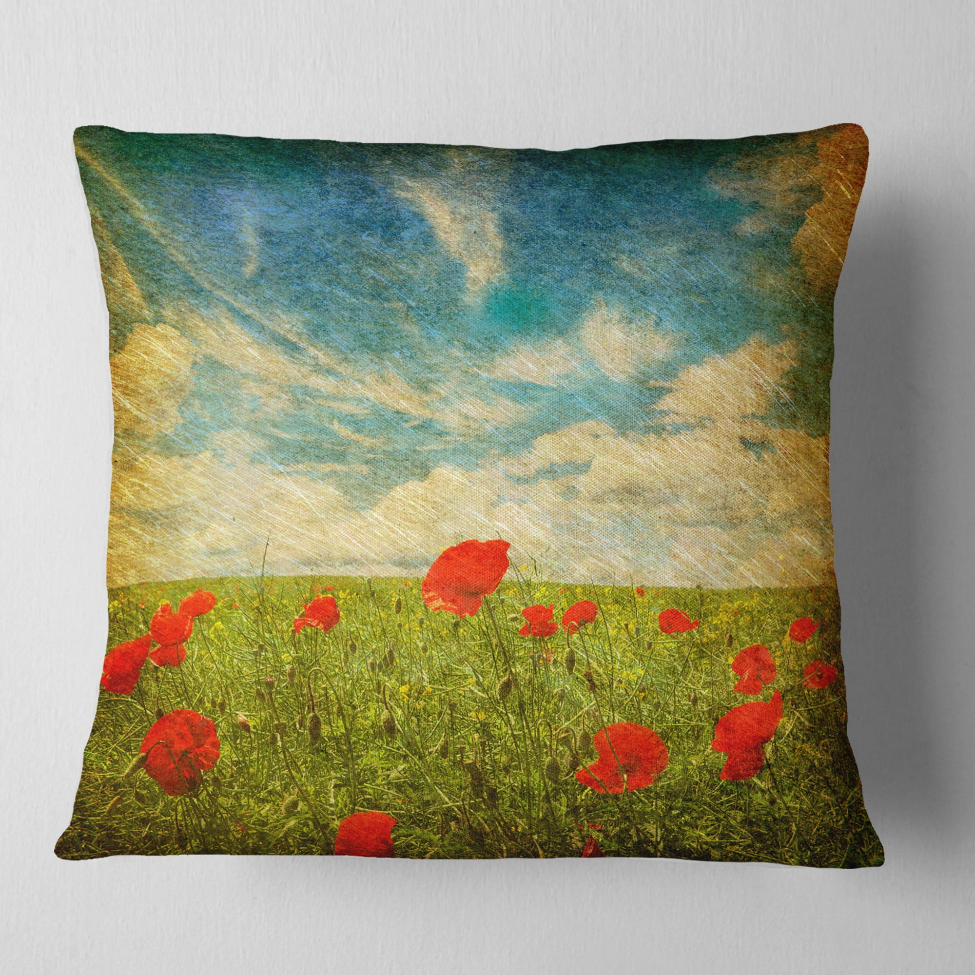 Designart Sky Background with Red Poppies - Floral Throw Pillow - 18x18