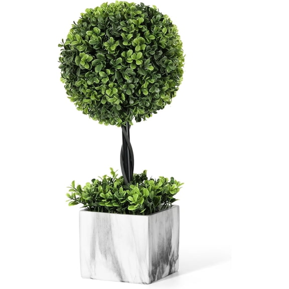 16'' Artificial Topiary Ball Tree, Small Potted Fake Plants, Artificial Boxwood Plants with White Planter Pot, Outdoor Indoor Realistic Faux Shrubs Tree for Home Office Porch Decor, Set of 1