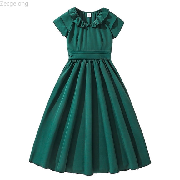 Zecgelong Summer Girls' Large Size Flowy Collar Retro Solid Color Patchwork Sleeve Corsetted Waist Dress With Pleated Skirt (for Girls) Girls Summer Dresses Size 8-9 Years Green