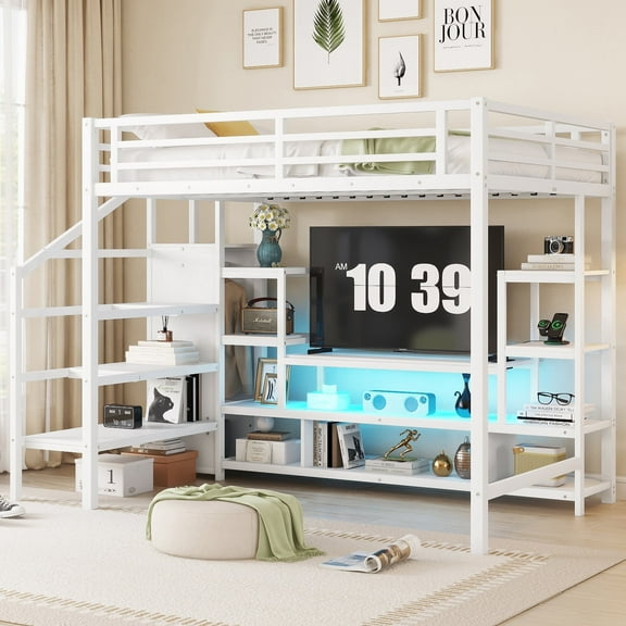 New Full Size Metal Loft Bed with TV Cabinet, Metal Loft Bed with Staircase and Wardrobe, Full Size Loft Bed, White (Expect Arrival Date 2025/3/22)