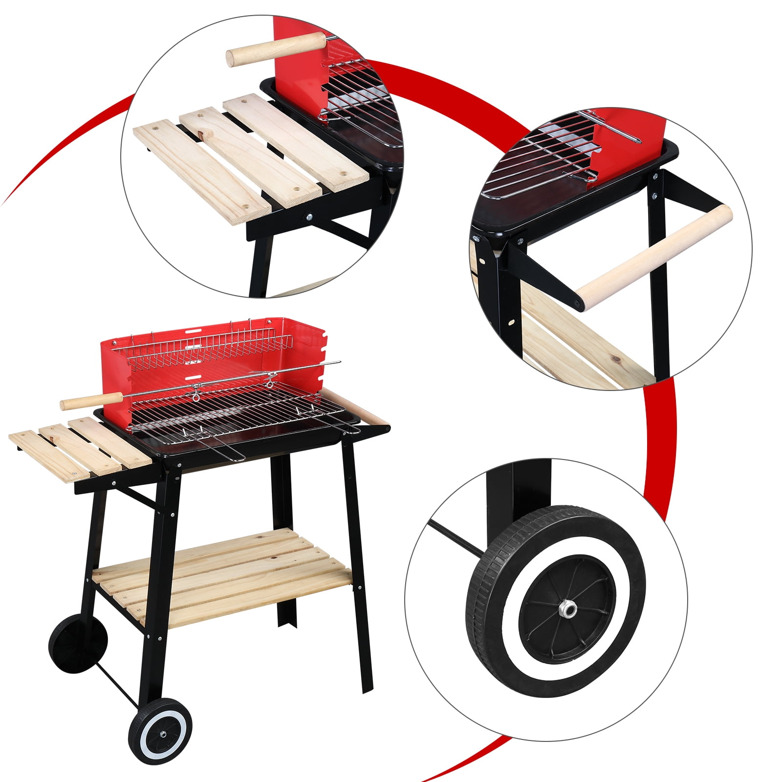 Oufan Four Legs With Wheels Square Enamel Charcoal Oven for Outdoor Kitchen & Backyard Barbecue, Black Red