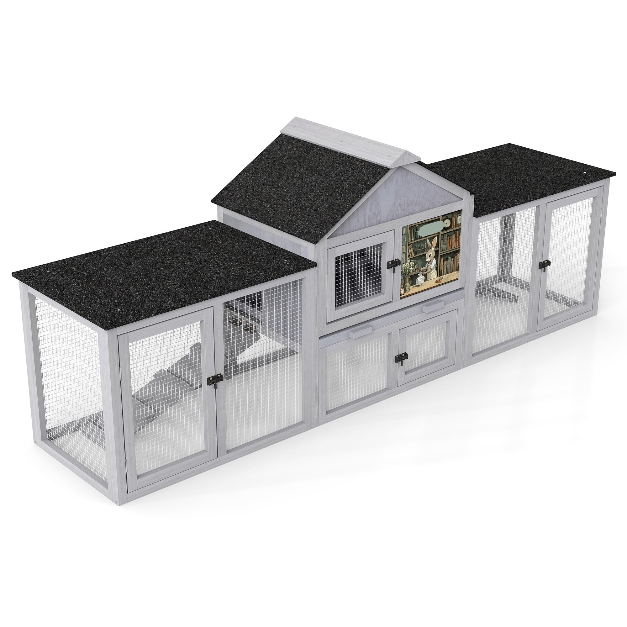 Pefilos 83" Large Rabbit Hutch, Outdoor Hen House with Tray and Climb Ramp, Wood Bunny Cage Chicken Coops Nesting Box for Small Animals, Gray