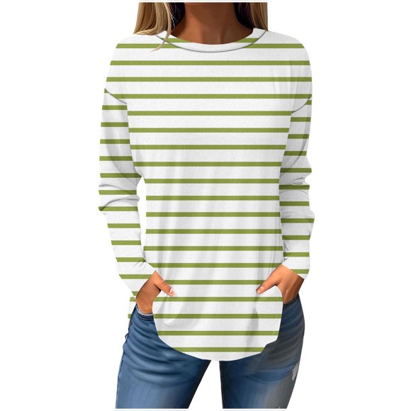 Staron Fall Tops for Women 2024 Striped Fall Fashion Tunic Tops Trendy Dressy T-Shirts O-Neck Business Casual Long Sleeve Blouses Basic Tee Black and Friday Deals