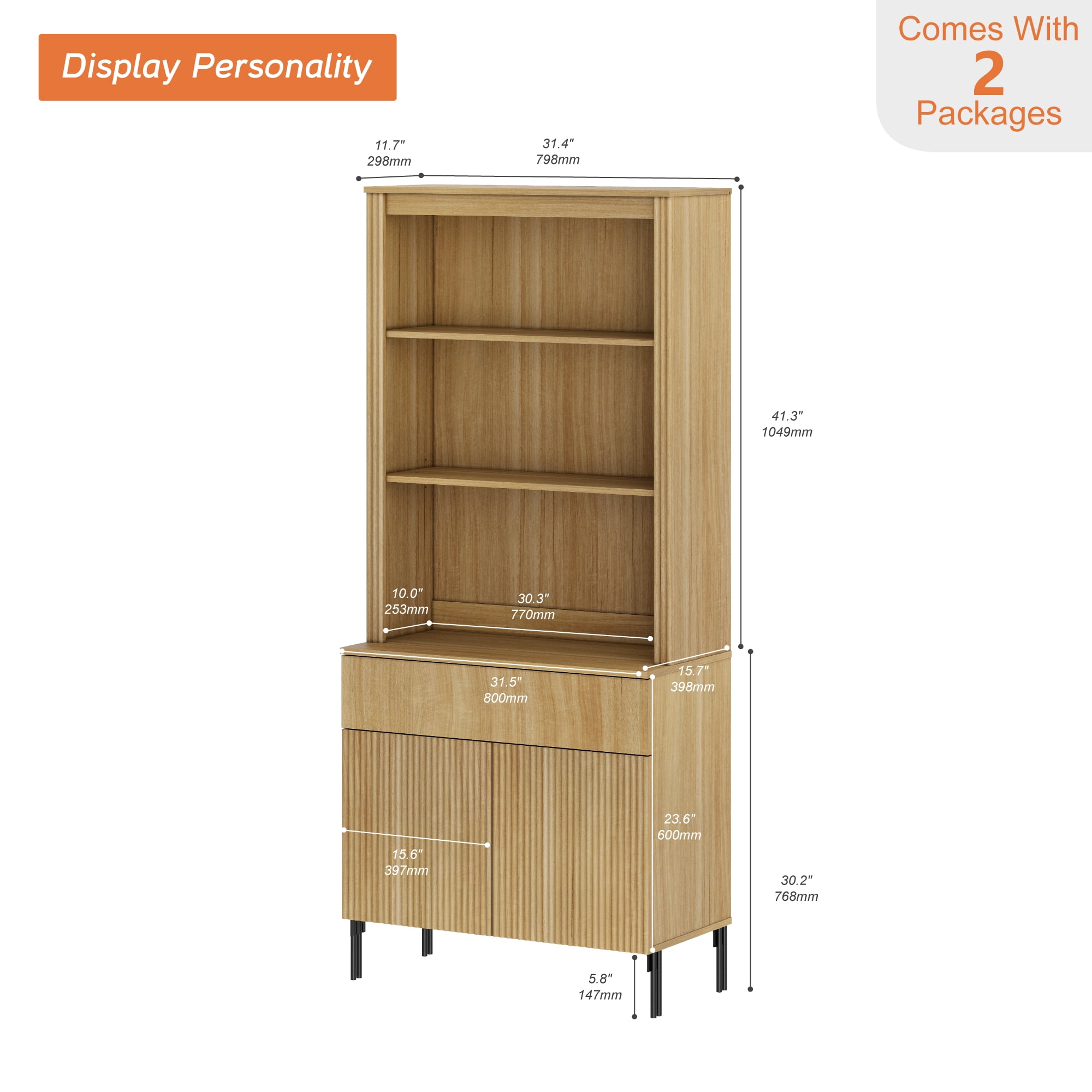 71.6" Tall Fluted Kitchen Pantry Cabinet with Drawer, Wood Bookcase Display Cabinet with Doors and Adjustable Shelves, Modern Versatile Cupboard For Dining Room, Bedroom
