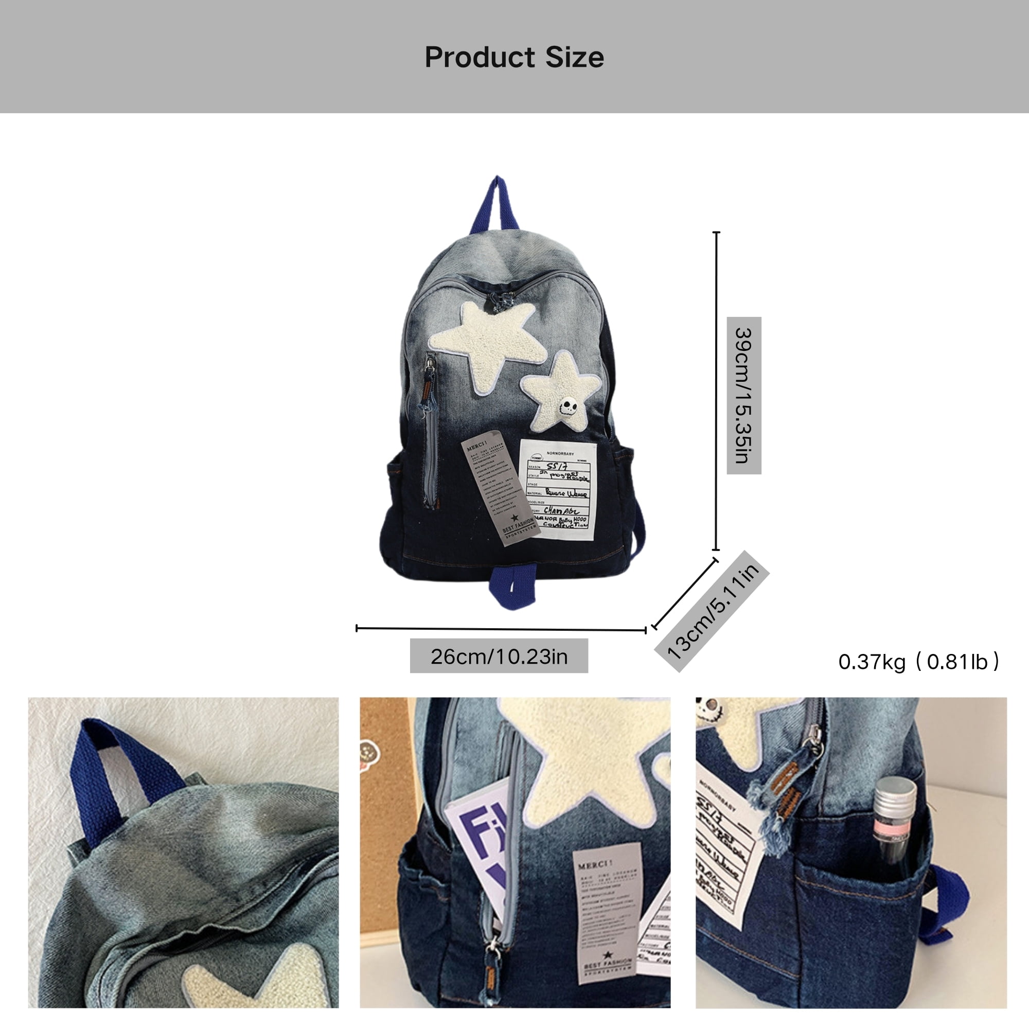 Vintage Y2K Grunge Denim Backpack with Star Pattern, Gothic Punk