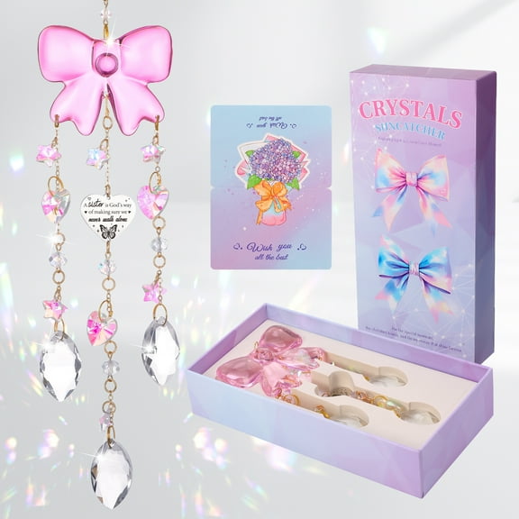 Armscye Pink Bow Crystal Suncatcher, Valentine's Day Gifts, Sister Gift with 4 Chains and Engraved Tag, Delicate Rainbow Maker, Best Garden Decor Gift, Outdoor Hanging Ornament