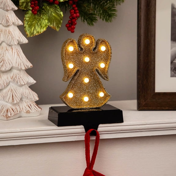 Northlight LED Lighted Glittered Angel Christmas Stocking Holder - 6.5" - Gold