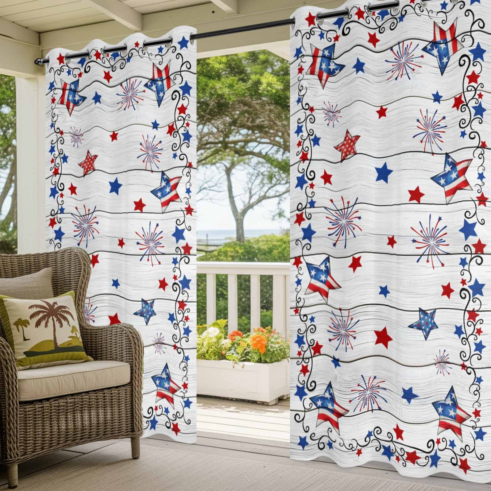 Vintage Star Outdoor Curtains for Patio, Flag Red Blue Star Fireworks Independence Day Wood Sunshade Privacy Drapes Grommet Waterproof Outside Curtains for Porch/Cabana/Balcony 54"x 108", 1 Panel
