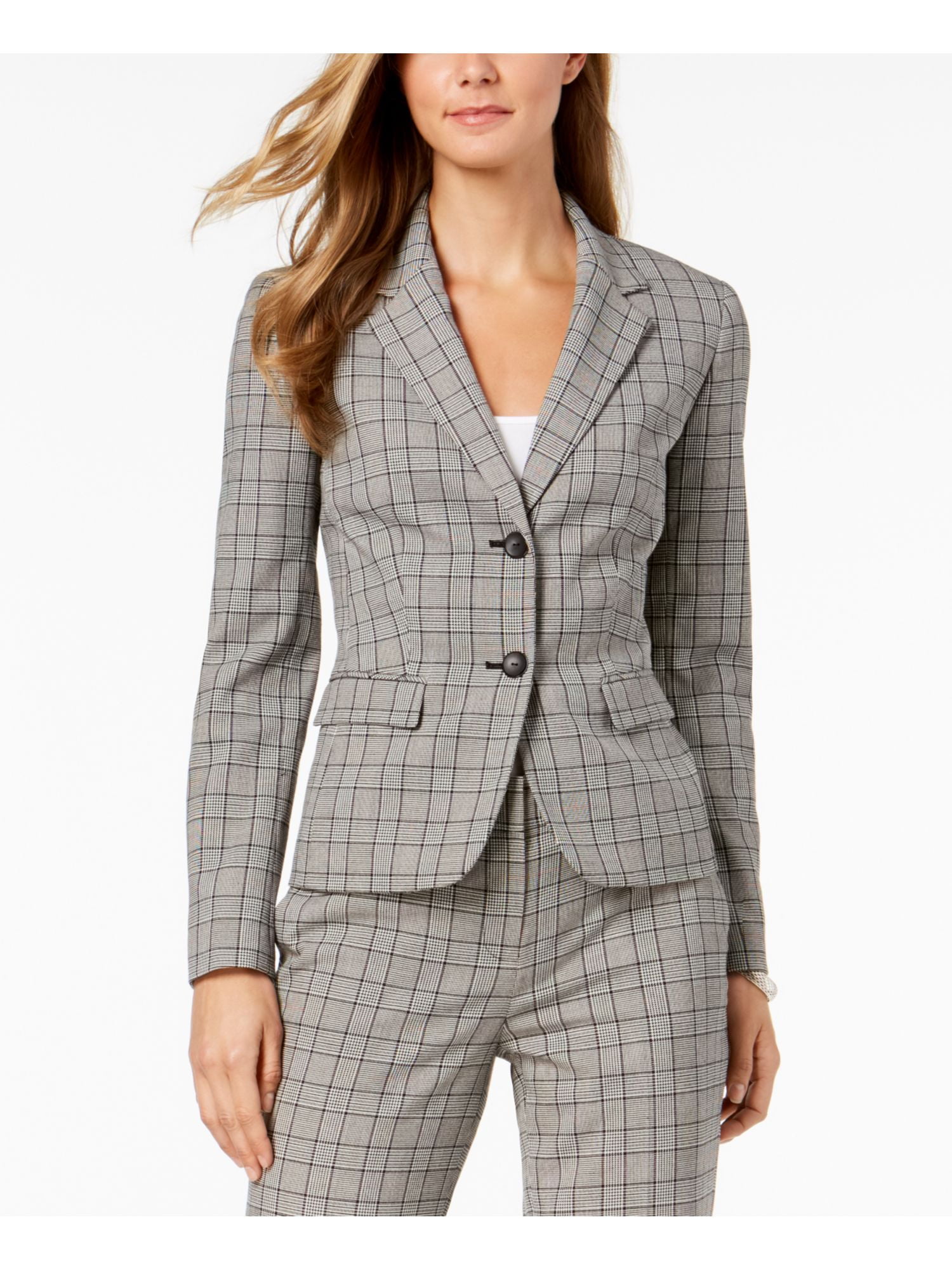 Nine West NINE WEST Womens Gray Pocketed Dual Button Plaid Blazer