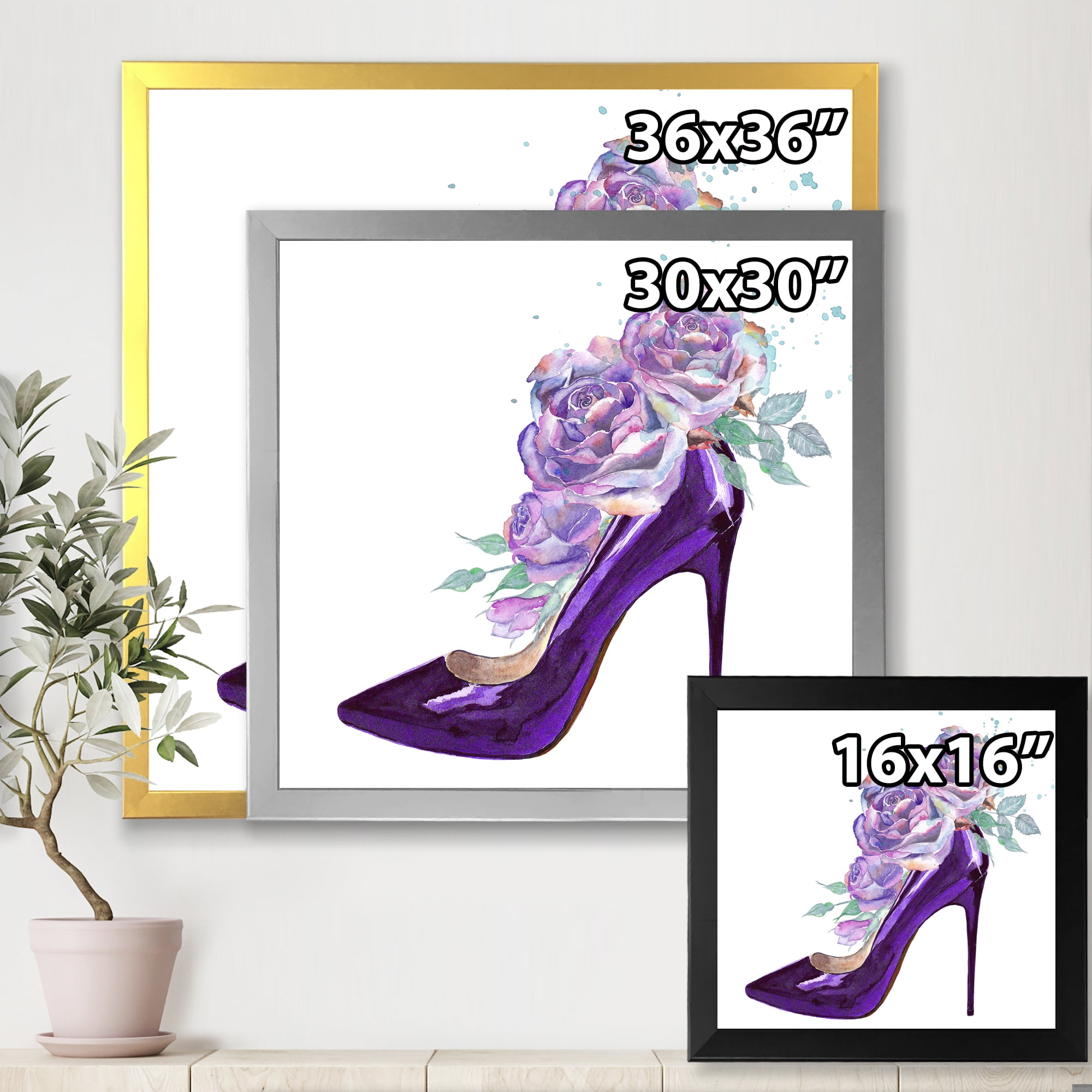 Designart 'Pink VIolet Roses With Dark Purple Stiletto Shoe' Traditional Framed Art Print