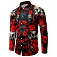 thumbnail image 5 of Mens Halloween Shirt Floral Skeleton Print Celebration Long Sleeve Button Down Lapel Tops Fall Winter Comfy Daily Shirts for Men Red XXXL, 5 of 5