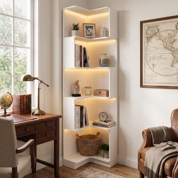 Arvolia Corner Bookshelf, 5 Tier Tall Corner Bookcase with LED Lights, Freestanding L Shaped Open Display Shelf for Living Room, Bedroom, Home Office (White)