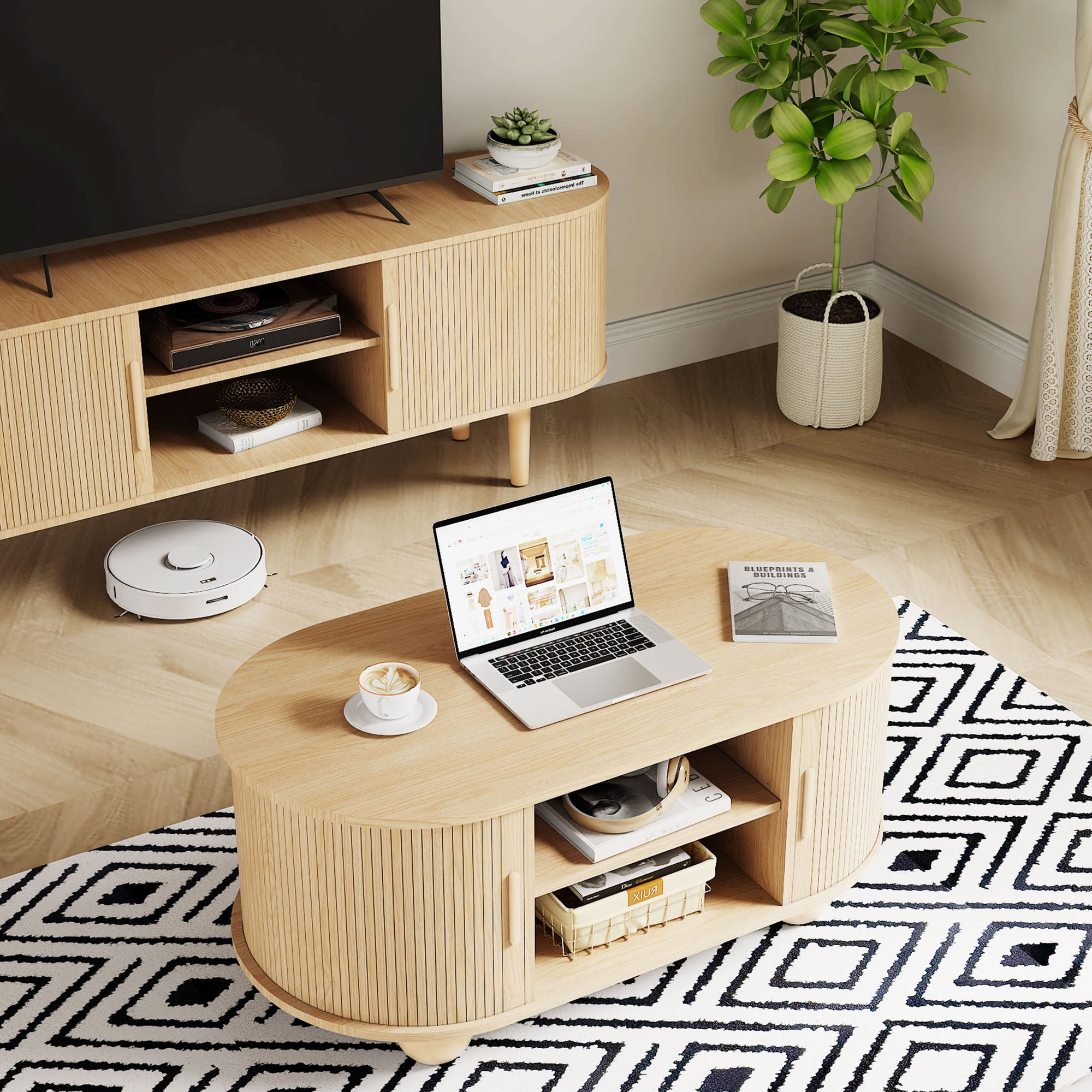 Wirrytor Oval Coffee Table with Sliding Door and Storage, Mid Century Modern Wood Center Table, 2-Tier Tea Cocktail Table for Living Room, Farmhouse Style Furniture with Hidden Compartment