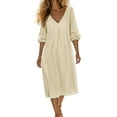 thumbnail image 2 of Guieoi Summer Dresses for Women 3/4-Sleeve V-Neck Cotton-Linen Dress Beige L, 2 of 5