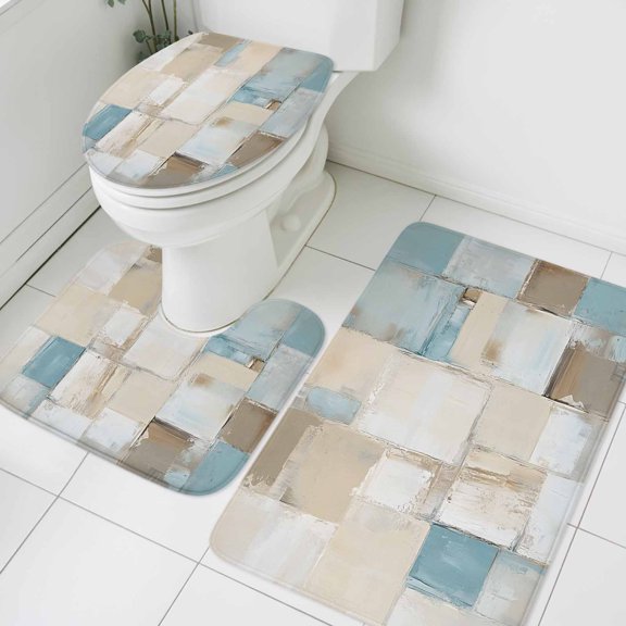 Abstract Bathroom Rugs Set Beige Blue Plaid Oil Painting Geometric Contemporary Non Slip Absorbent Soft Bath Mats 3 Piece Set with Bathroom Rug, U-Shaped Floor Mat, Toilet Seat Cover Large Size