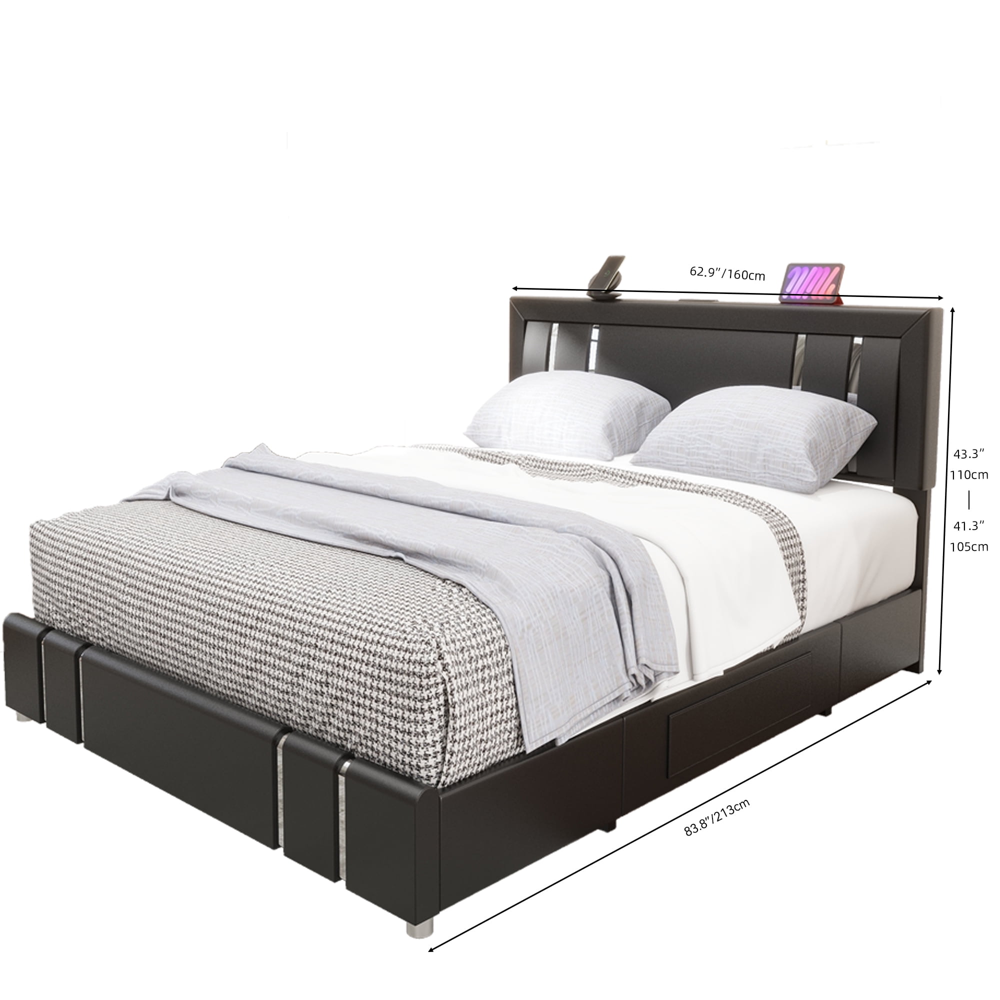 Dextrus Modern Queen Size Bed Frame with Adjustable Upholstered Headboard, LED Lighting, and Storage Drawers, Sleek Black Platform Bed with Metal Accents, No Box Spring Needed