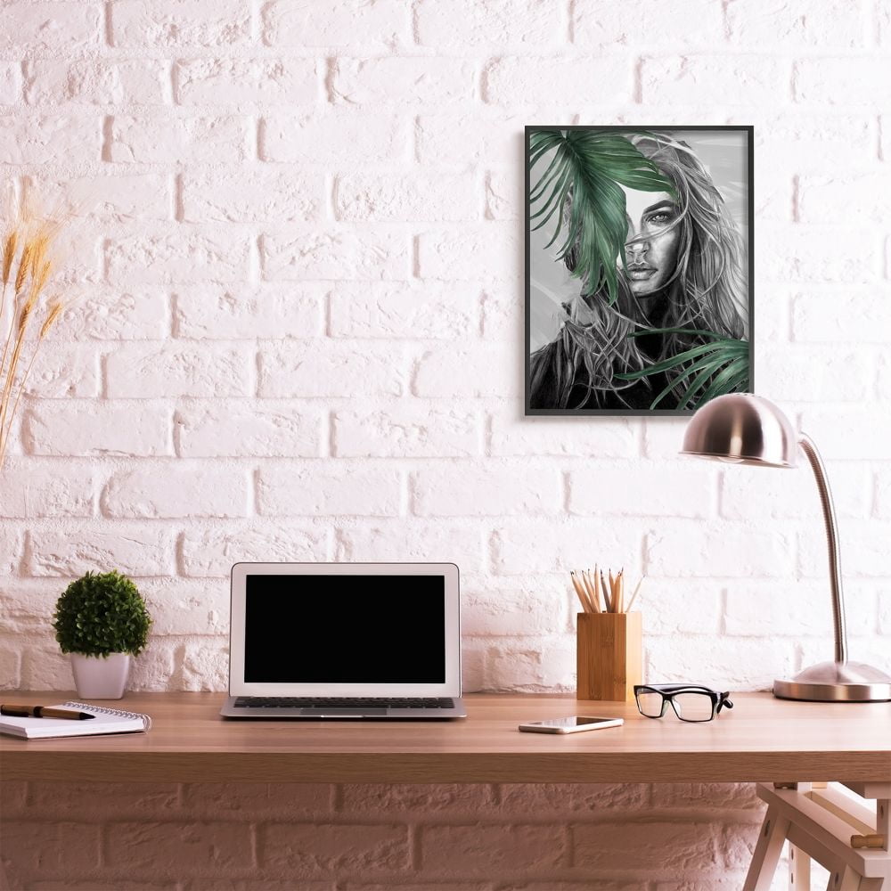 Stupell Industries Glamour Female Sketch Portrait with Fern Plants Framed Wall Art Design by Patricia Mendes, 24" x 30", Black Framed