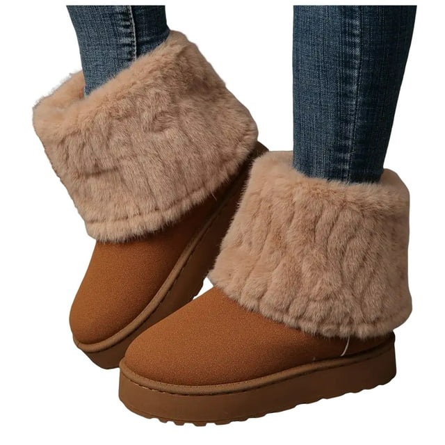 Bottes de Neige Mi-Mollet à Revers Duveteux pour Femmes 2025 Mode en Suède Bout Rond Plateforme Plates Talon Bas Bottines Courtes d'Hiver