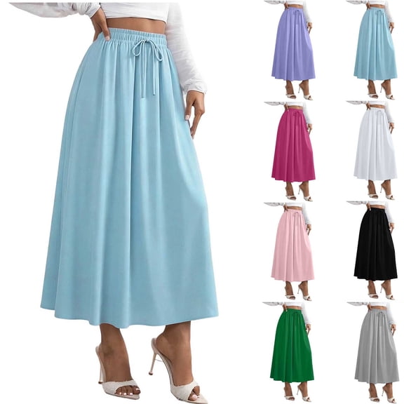 Jinhomg Womens Casual A-Line Maxi Skirt, High Waist Elastic Drawstring Long Skirt Stretch Solid Color Flowy Summer Skirt Black,L