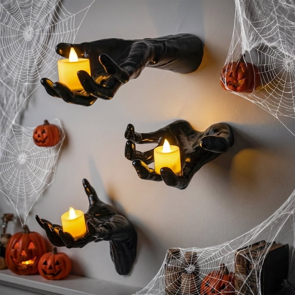 Yinghao Halloween Decoration 3 pack Black Ghost Hands Decor with LED Candle, Life-sized Gothic Design, Screw and Adhesive install, 3 Flameless Candle