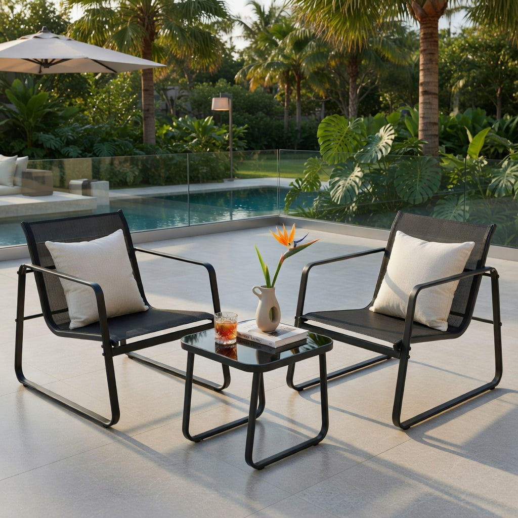 Hommoo 3-Piece Steel Patio Bistro Set with Tempered Glass Table, Modern Outdoor Dining Chairs & Coffee Table for Deck, Garden, Balcony & Poolside, Black